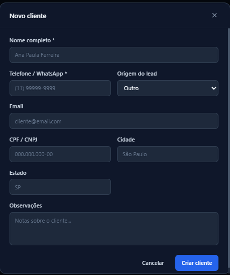 Formulário de novo cliente
