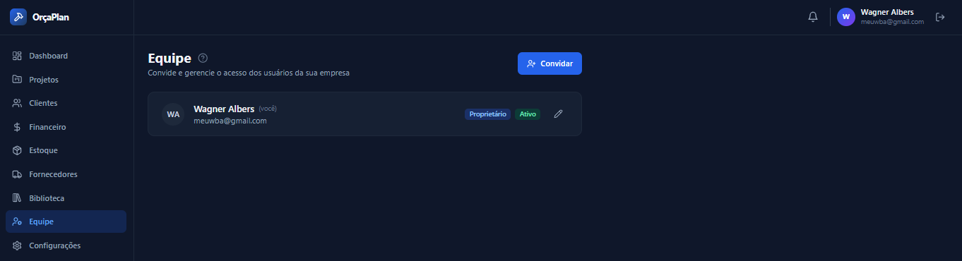 Tela de Equipe com os membros e papéis