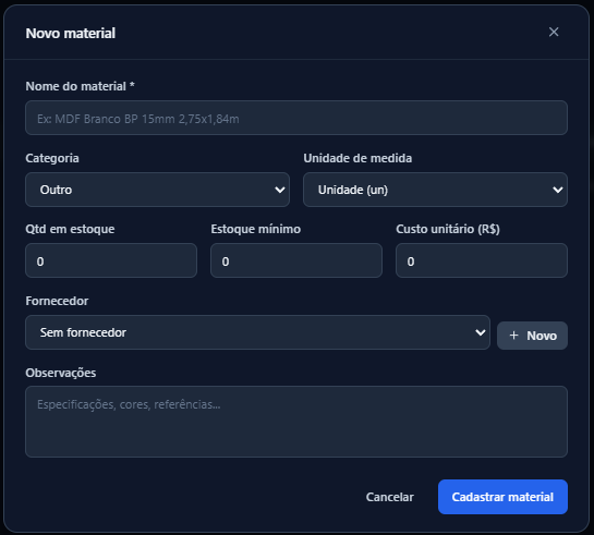 Formulário de cadastro de material