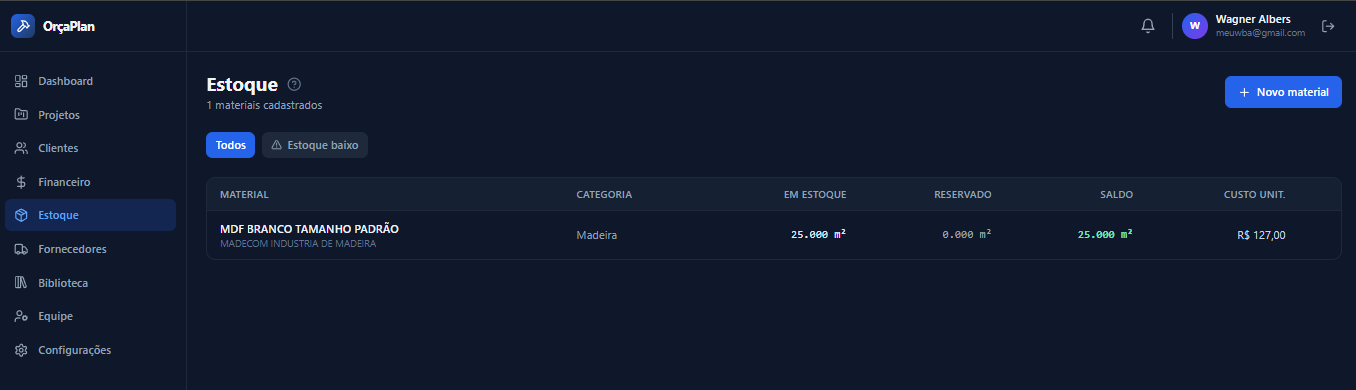Tela de Estoque com a lista de materiais