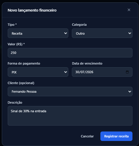 Formulário de novo lançamento financeiro