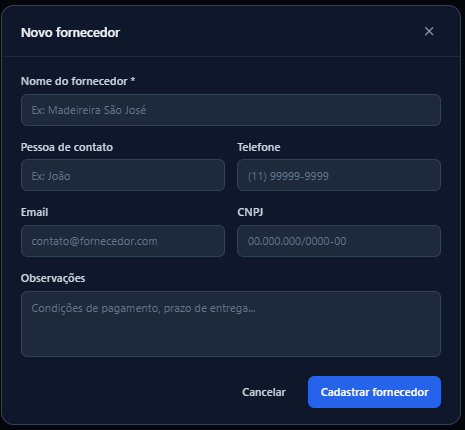 Formulário de novo fornecedor